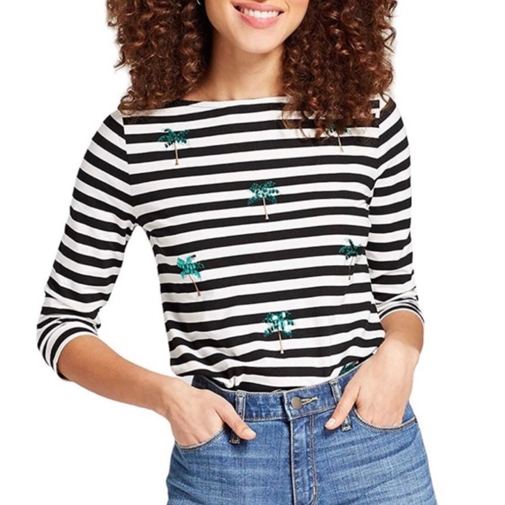 Striped Black and White Top with Palm Tree Design size small